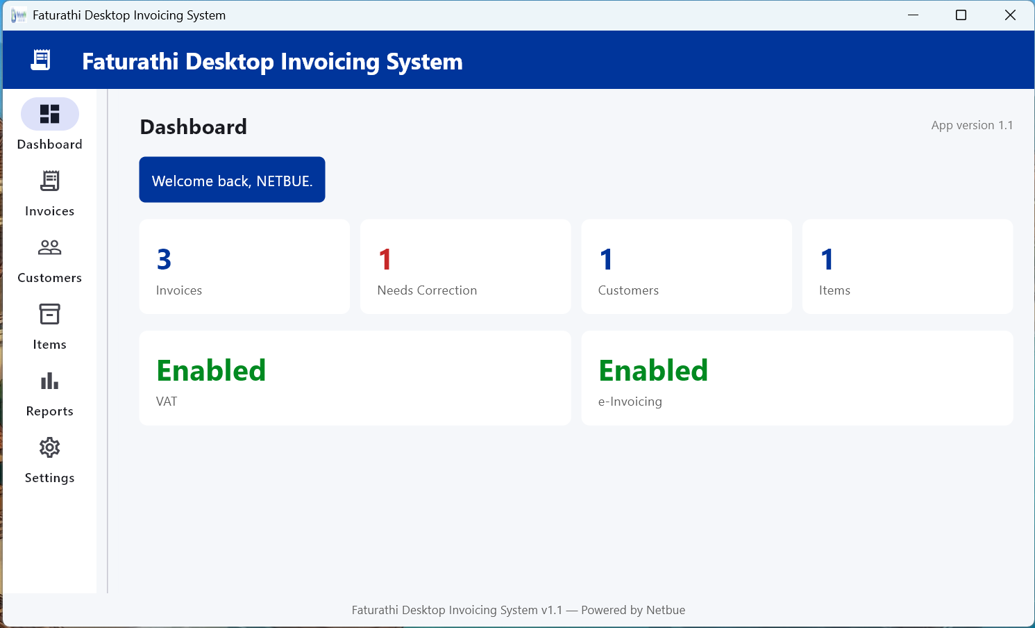 Faturathi Desktop dashboard showing invoice, customer and item totals