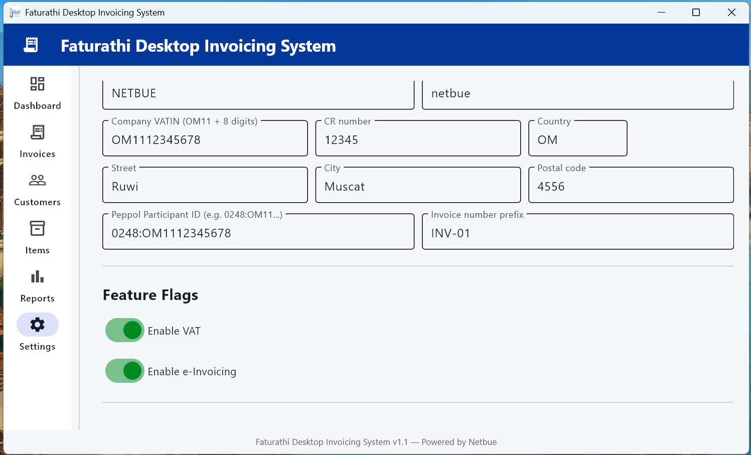 Faturathi Desktop company and compliance settings